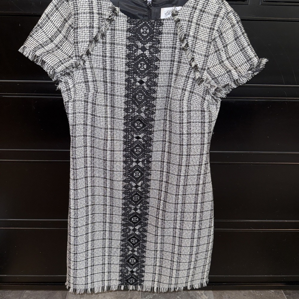 ELIZA J. TWEED DRESS Lace Accent Size 4 Black White Checked Women's Fringe Hem - Picture 3 of 10
